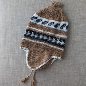 Bolivia Peru Aztec BOHO Alpaca Wool chullo hat Camel brown c1